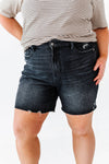 Jordi High Waisted Raw Hem Denim Shorts In Black