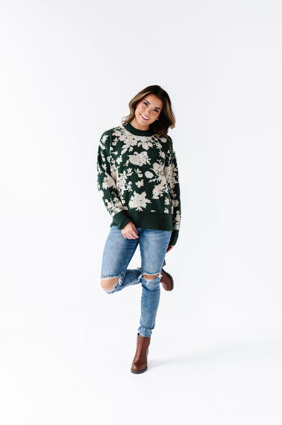 Calla Floral Knit Sweater in Green