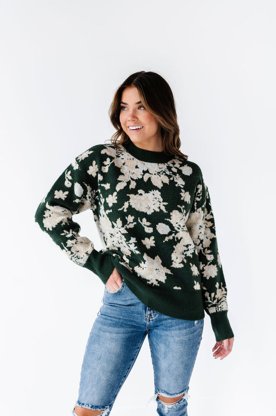 Calla Floral Knit Sweater in Green