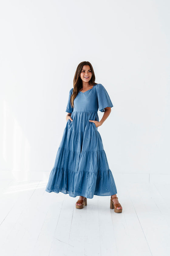 Lucia Embroidered Dress in Dusty Blue