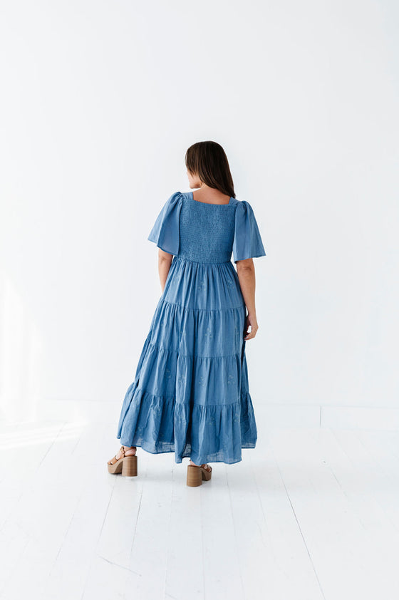 Lucia Embroidered Dress in Dusty Blue