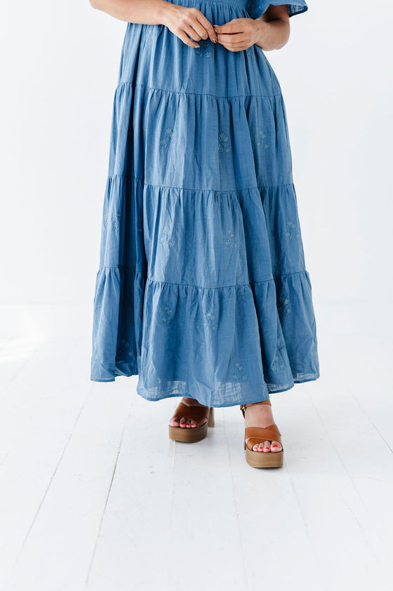 Lucia Embroidered Dress in Dusty Blue