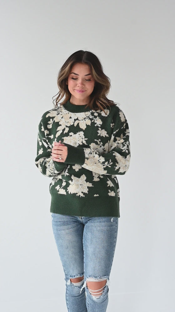 Calla Floral Knit Sweater in Green