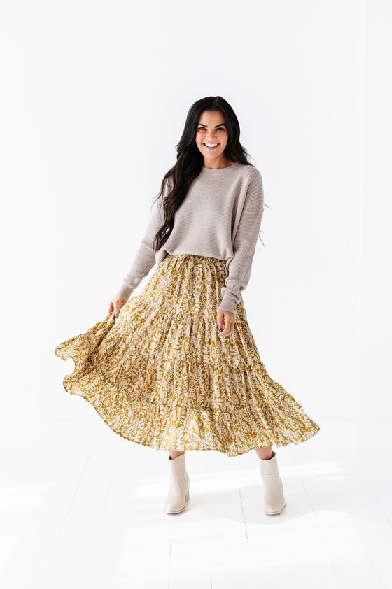 Meadow Tiered Midi Skirt in Mustard