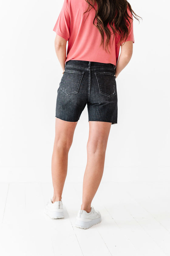 Jordi High Waisted Raw Hem Denim Shorts In Black