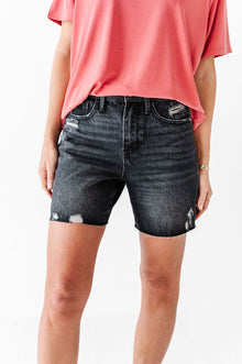  Jordi High Waisted Raw Hem Denim Shorts In Black